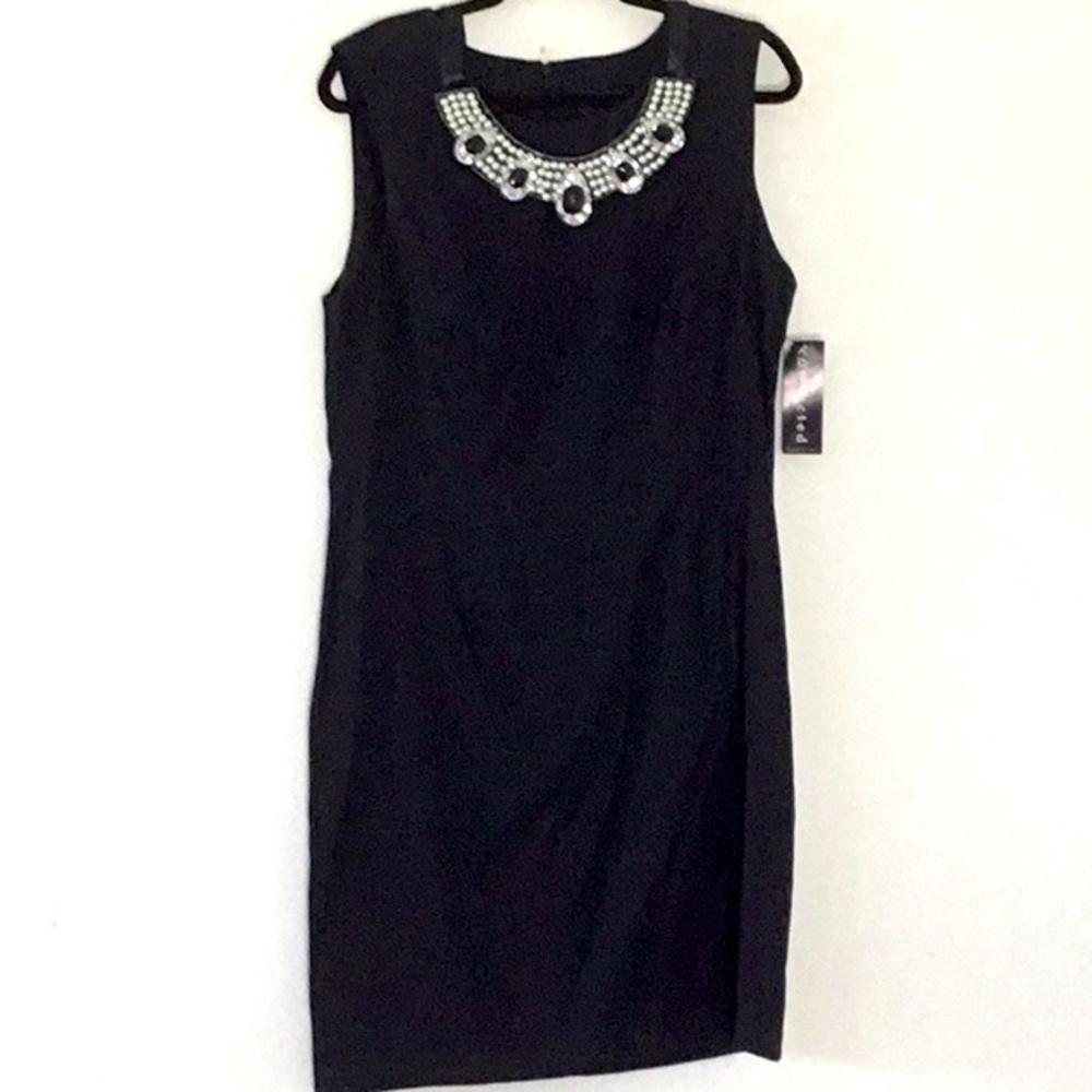 Connected, Black Fitted Dress with Jeweled Neckline. Evening, Wedding, Church.